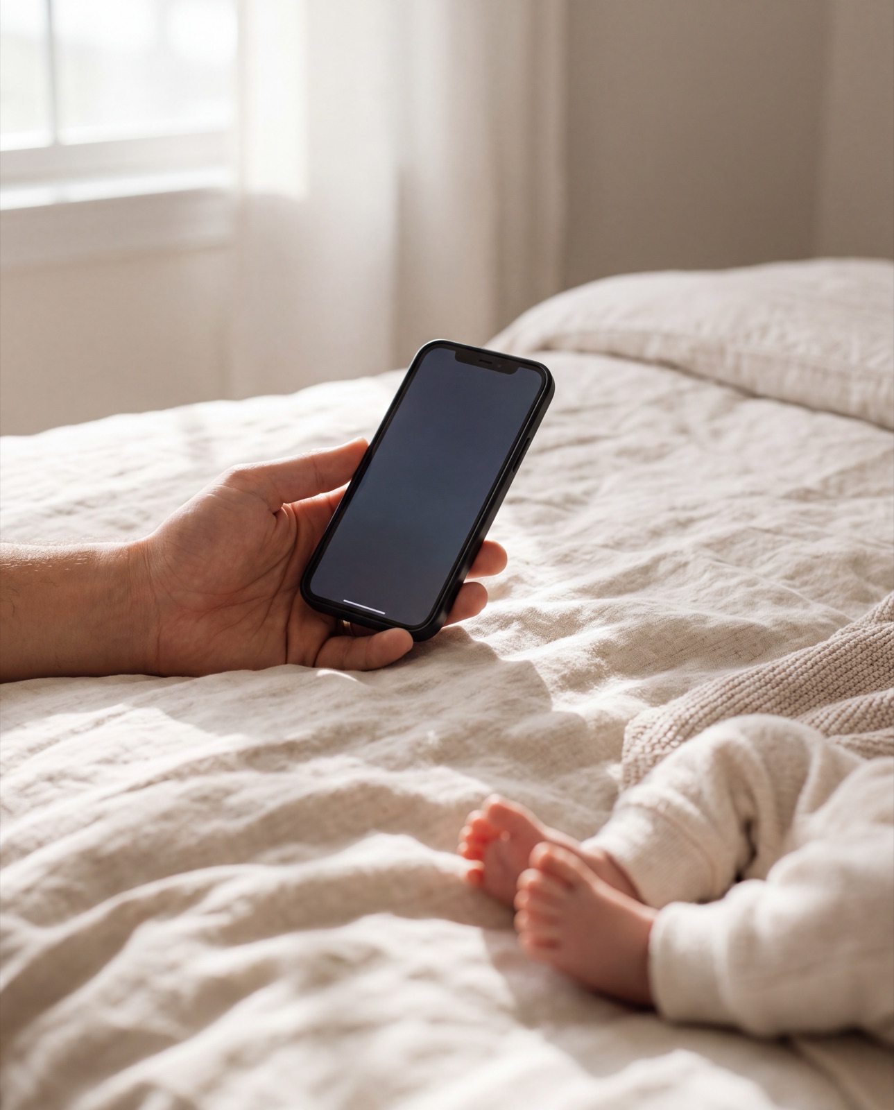 A parent's hand holding a phone on a bed, a baby's feet nearby